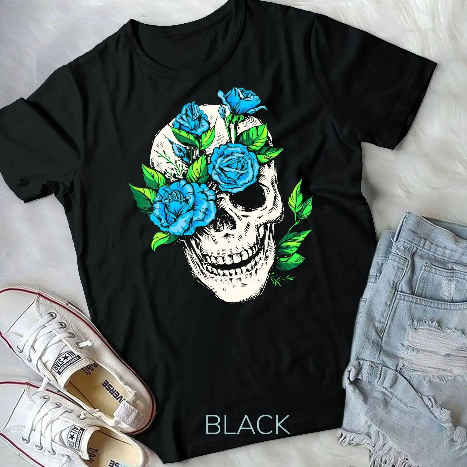 

Dia De Los Muertos Halloween skeleton hand with blue rose T-Shirt Unisex T-shirt