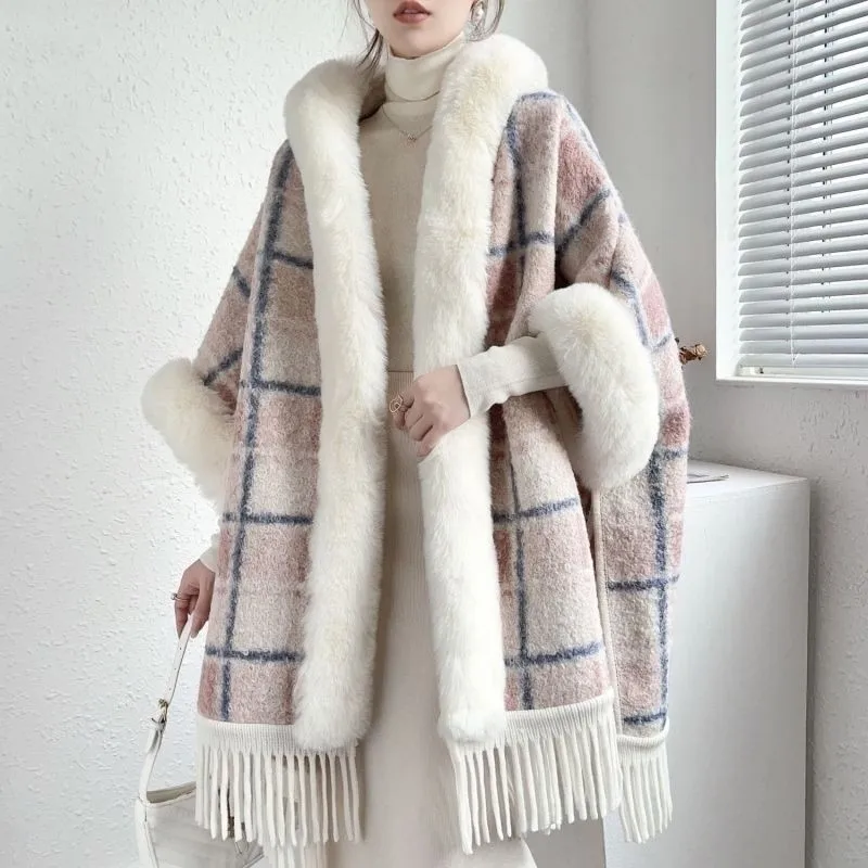 Large grid plush Cape Shawl Hooded Jacket Women's 2026 Autumn Winter Fashion Thicken High-end Coat Woman Warmm Cloak & Ponchos