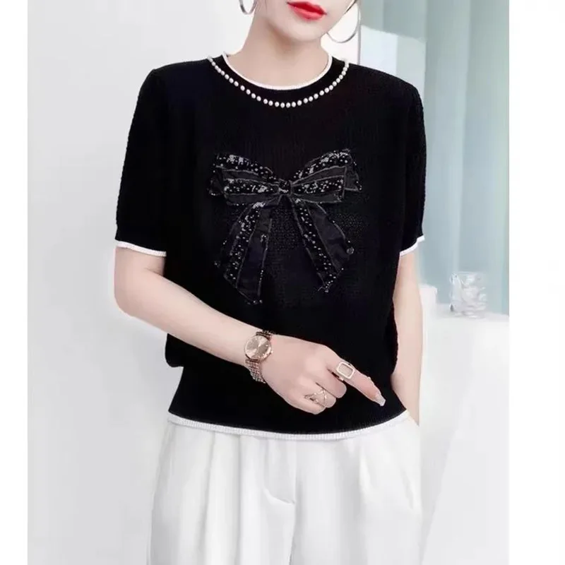 Fashion O-Neck Spliced All-match Bow Beading Blouse Female Clothing 2023 Summer New Casual Pullovers Tops Loose Commute Shirt