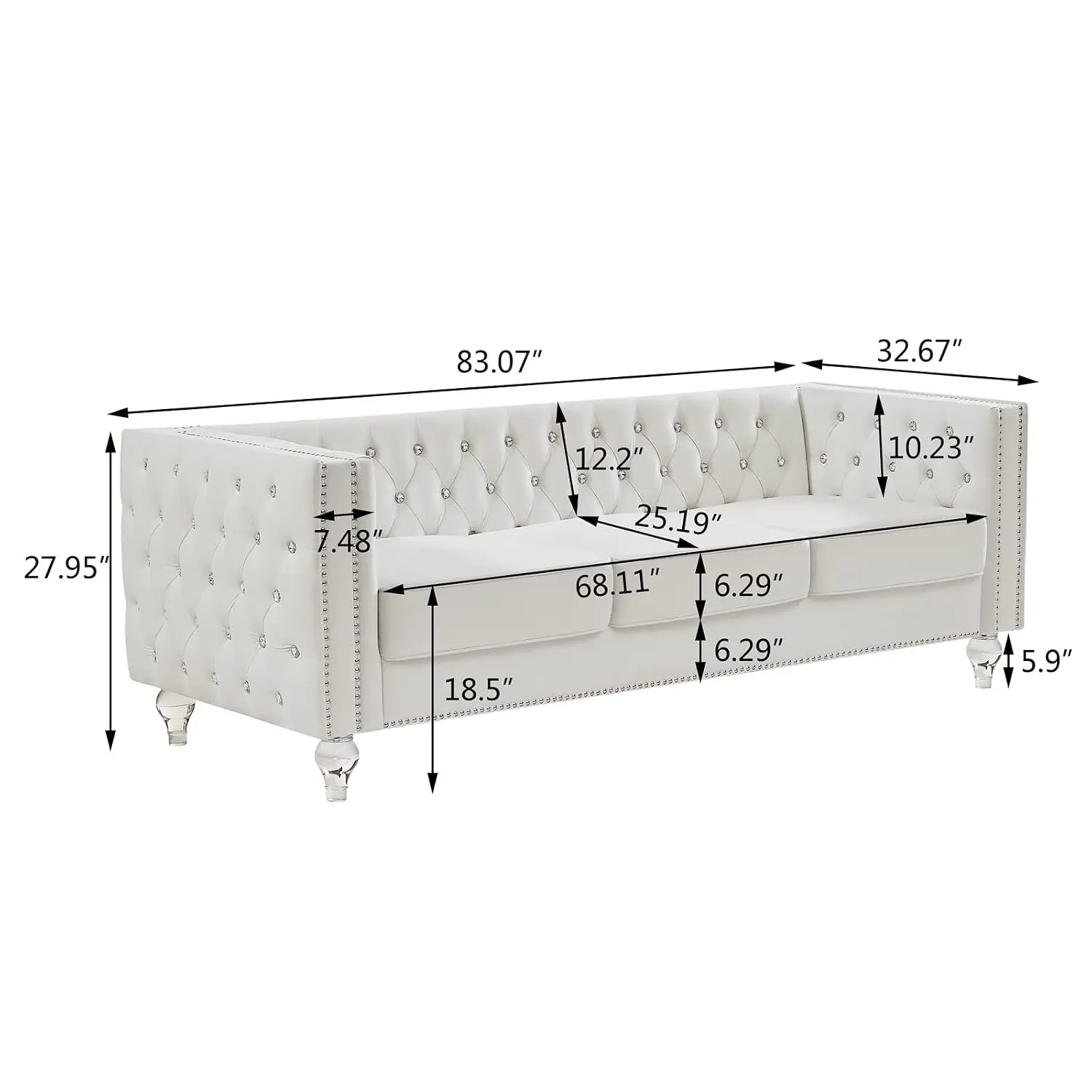 Velvet 3 Seater Sofa Couch with Buttons and Square Arms 83.07 Inch Tufted 3-seat Sofas with Trimmed Nailhead and, Custom