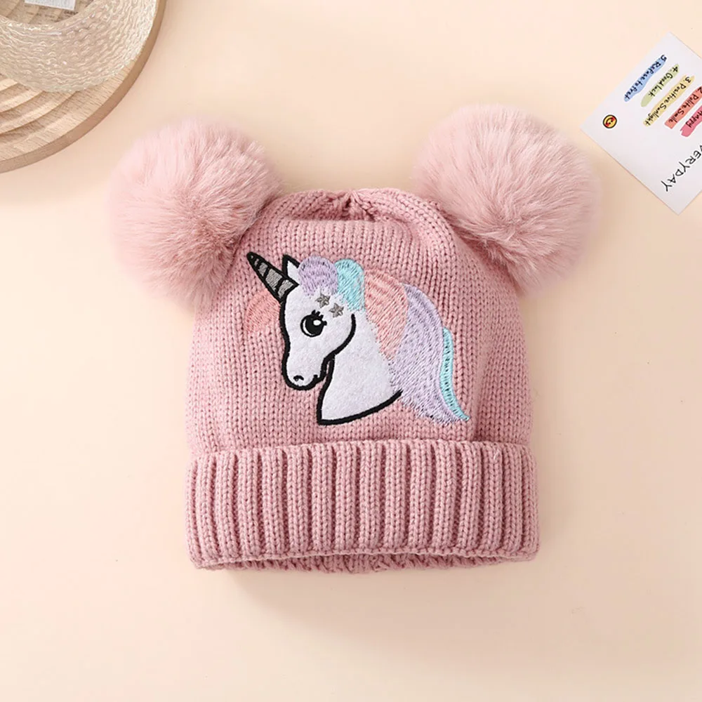 Unicorn Pattern Beanie Embroidered Toddler Baby Knit Hat Winter Pom Hats Warm Cap For Boys Girls 1-4 Years Old