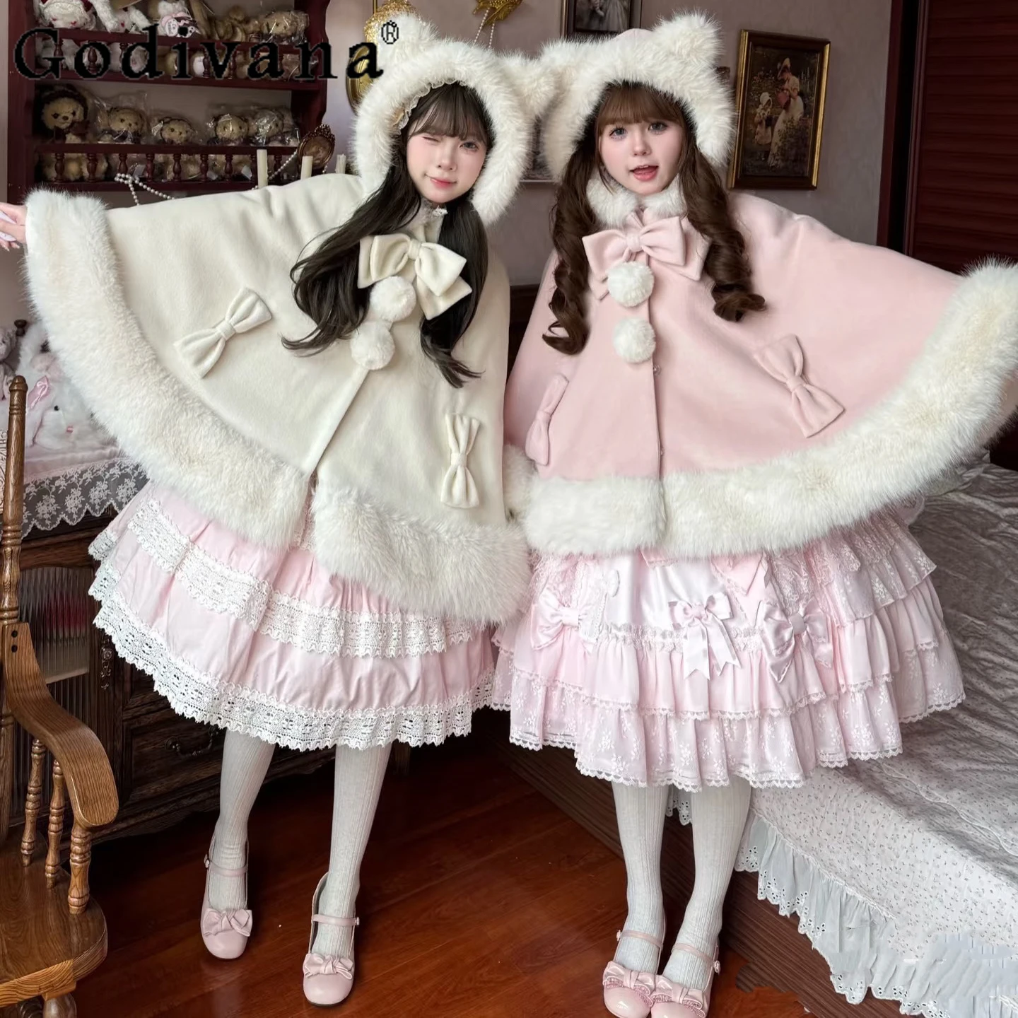 

Winter Lolita Princess Hooded Cloak Shawl Japanese Girls Kawaii Plush Warm Sweet Short Jacket Christmas Party Capes Ponchos
