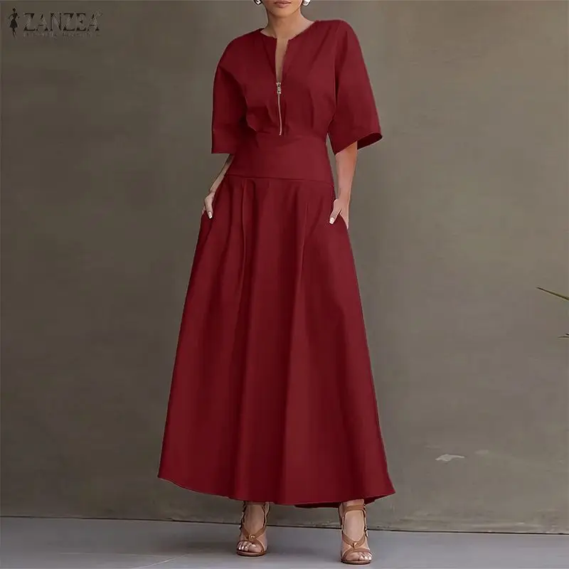 ZANZEA Stylish Women O Neck Half Sleeve Dresses 2026 Summer A Line Loose Dress Zirpper-Up Collect Waist Sundress Streetwear Robe