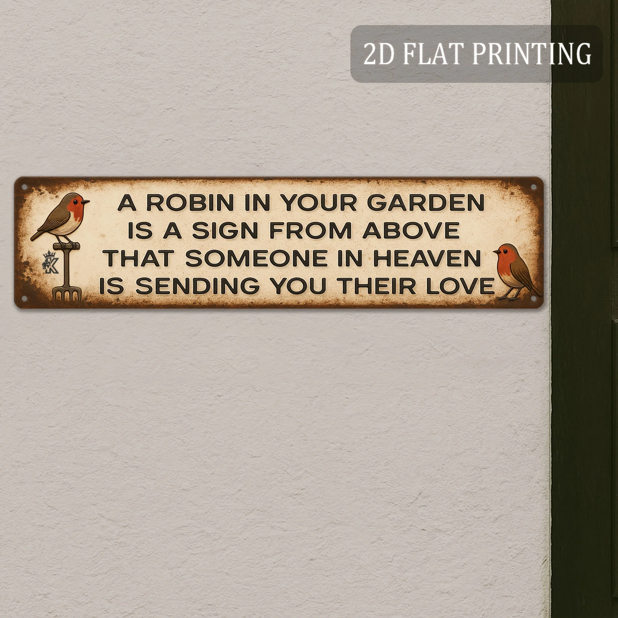 2D Flat Inspirational Robin Garden Sign, Red Bird Floral Design with Quote, Decor for Garden Fence Patio Outdoor Wall Art.