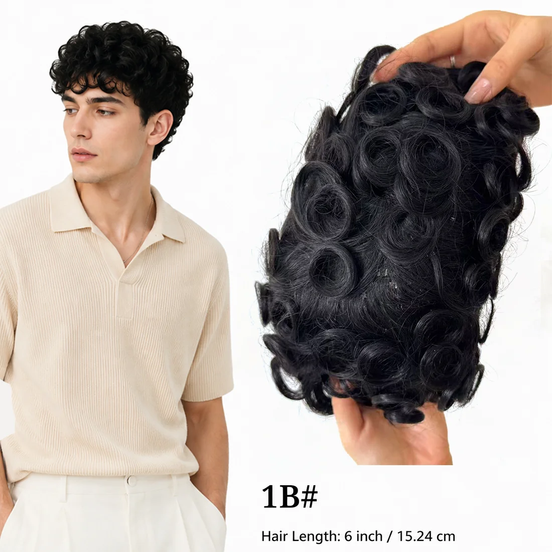 メンズ人毛ヘアピース-1b-ブラック-スパイラルカール-レースベース-薄毛隠しヘアシステム