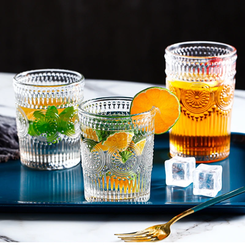 Nordic Cup with Golden Edge Vintage Sunflower Glass Cups Embossed Water Cup Juice Cup Breakfast Glass Wine Glass Household Glass