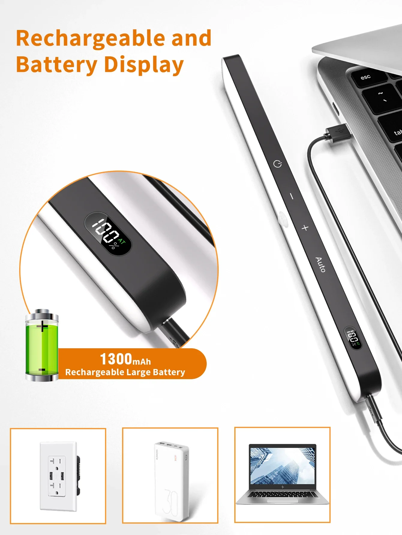 Motion Sensor Cabinet Warm Light Battery Display 60 LED Touch Light Bar Wireless Rechargeable Battery Night Light