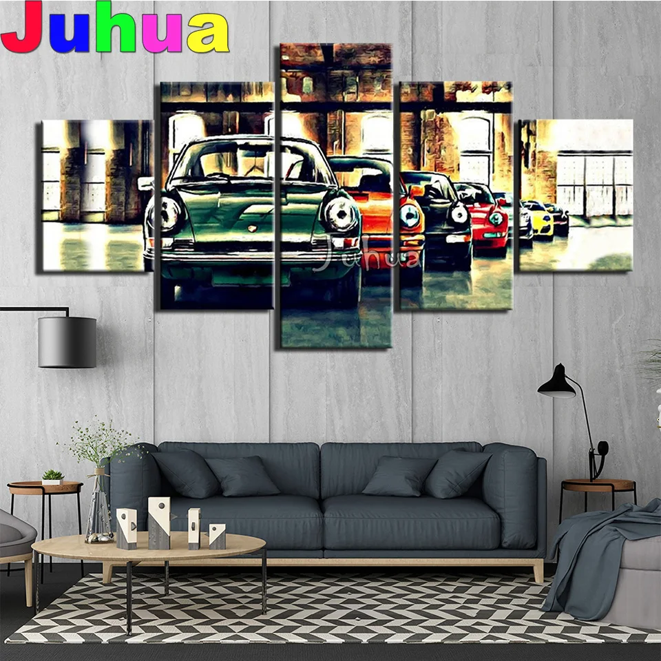 

5 panel Diamond Painting Old-Fashioned Car 5d Diy Diamond Art full square round Diamond Embroidery Mosaic Set Bus wall Picture ,