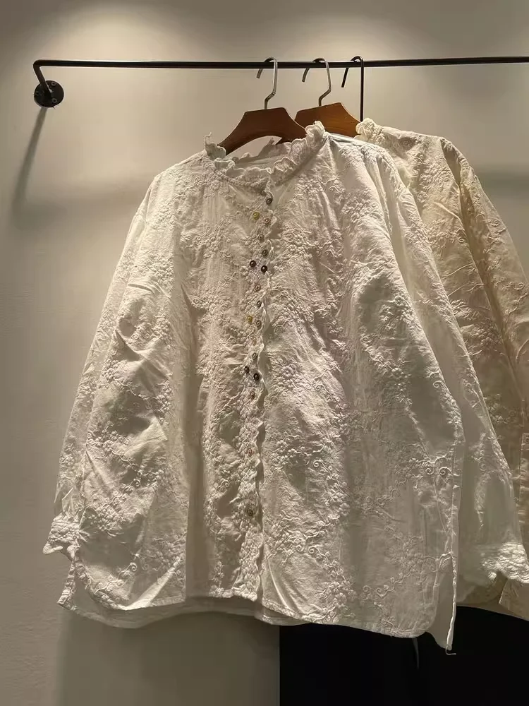 

2025 Mori girl lace shirts blouses for women spring Japan style sweet cotton lace embroidery shirts 100% cotton fairy clothing