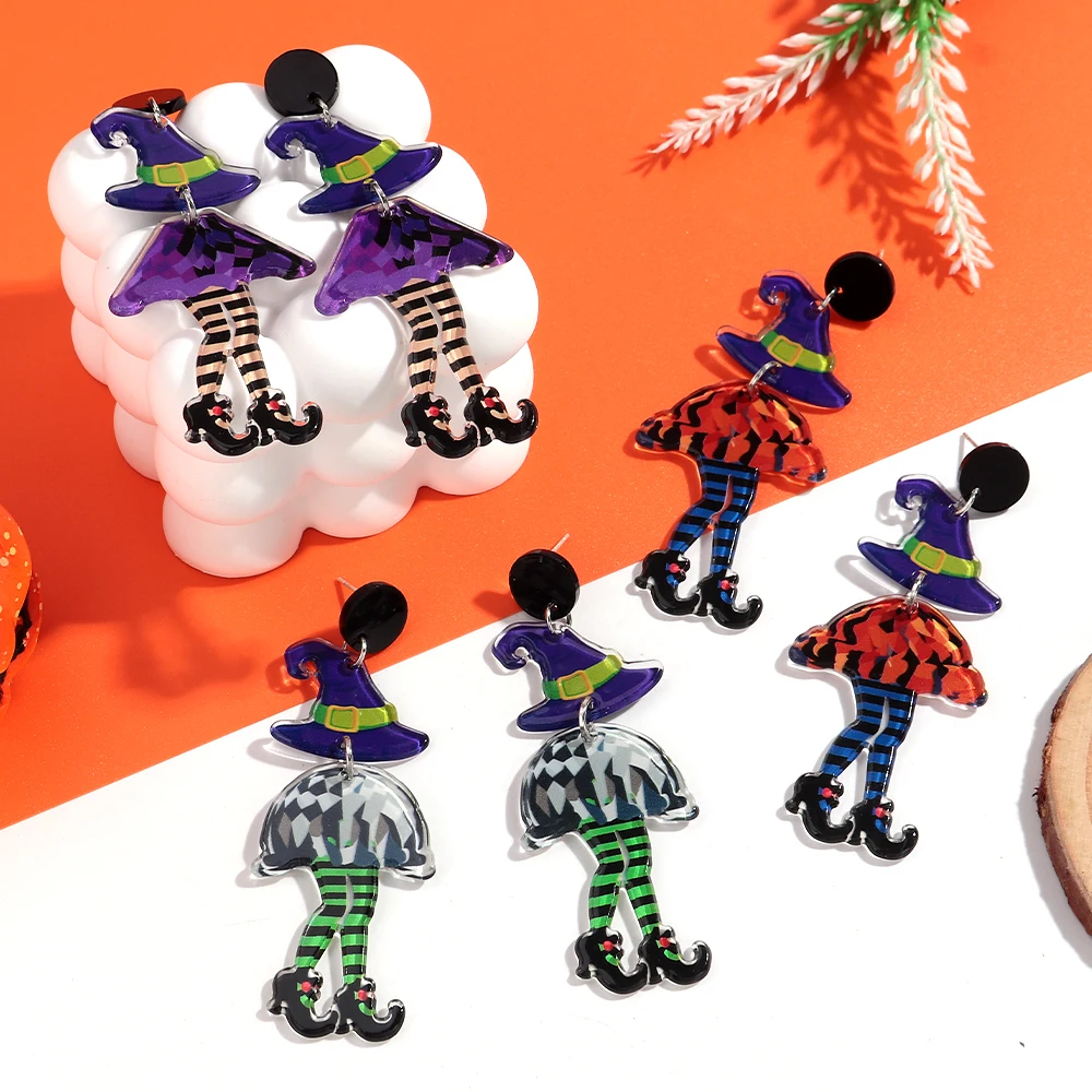 

New Halloween Acrylic Print Earrings for Women Gothic Colorful Long Legged Witch Drop Earring Hallowmas Party Jewelry Gifts
