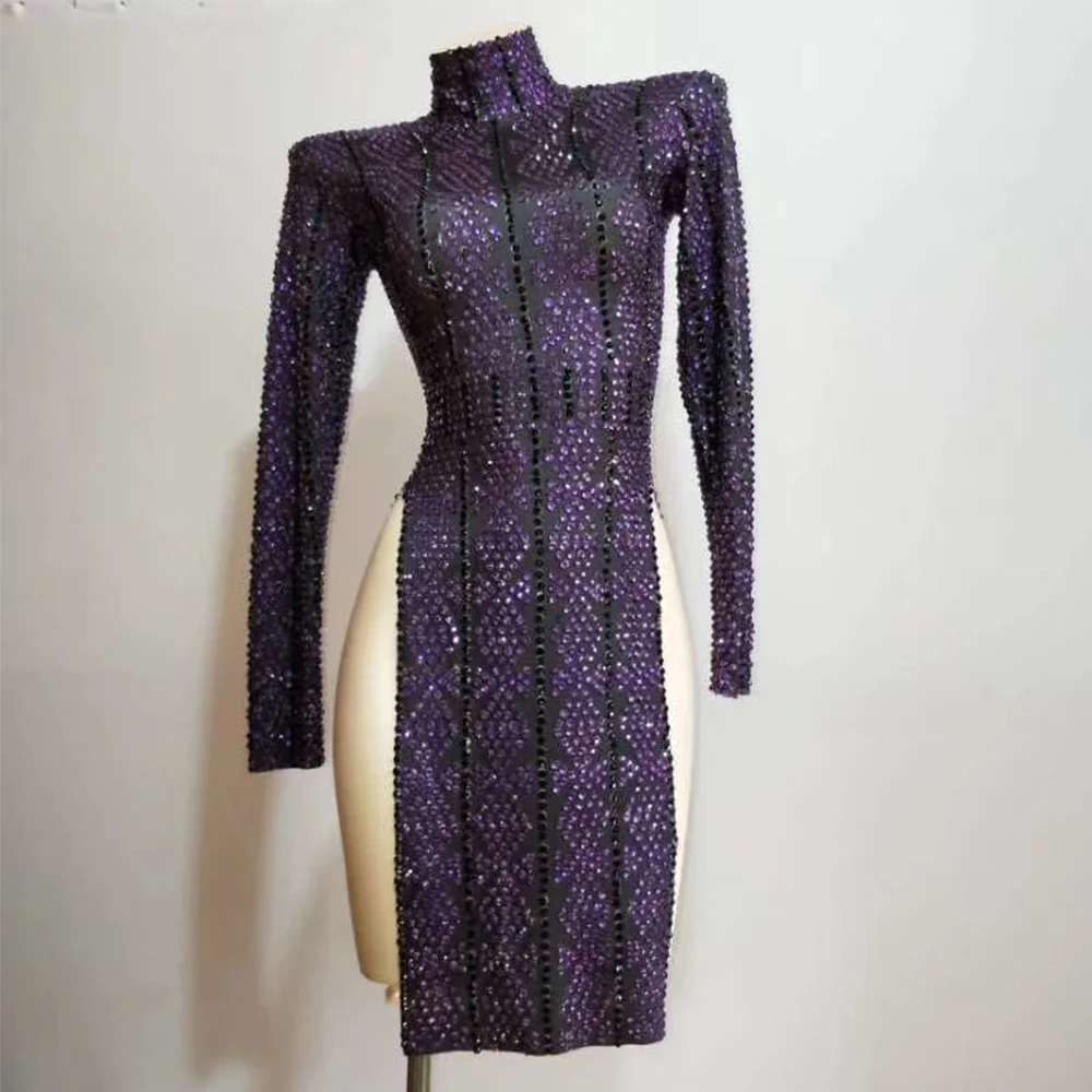 

Shining Diamonds Long Sleeve Dress Purple Women Slit Cheongsam Bling Stage Show Nightclub Dance Wear Birthday Prom Costumes