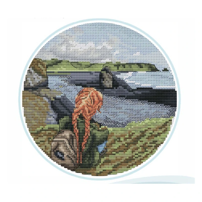 

Cross-stitch set: Back view Girl, Iceland Black Sand Beach, 28ct, 18ct, 14ct, 11ct. Optional printed fabric hand-embroidery mate