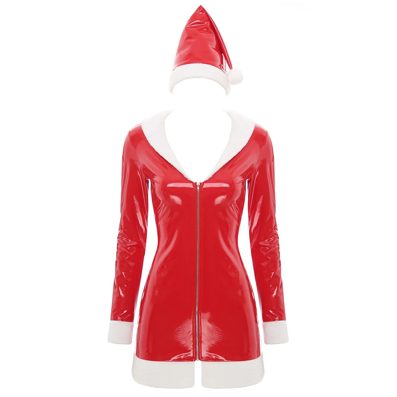 Womens Patent Leather Santa Claus Dress with Hat White Plush Trim V Neck Long Sleeve Front Zipper A-Line Christmas Dress