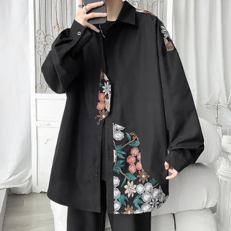 

TPJB Men Loose Casual Shirts Korean Style Mens Trend Floral Embroidery Long Sleeve Shirt Y2k Men's Retro Patch Unisex Clothing