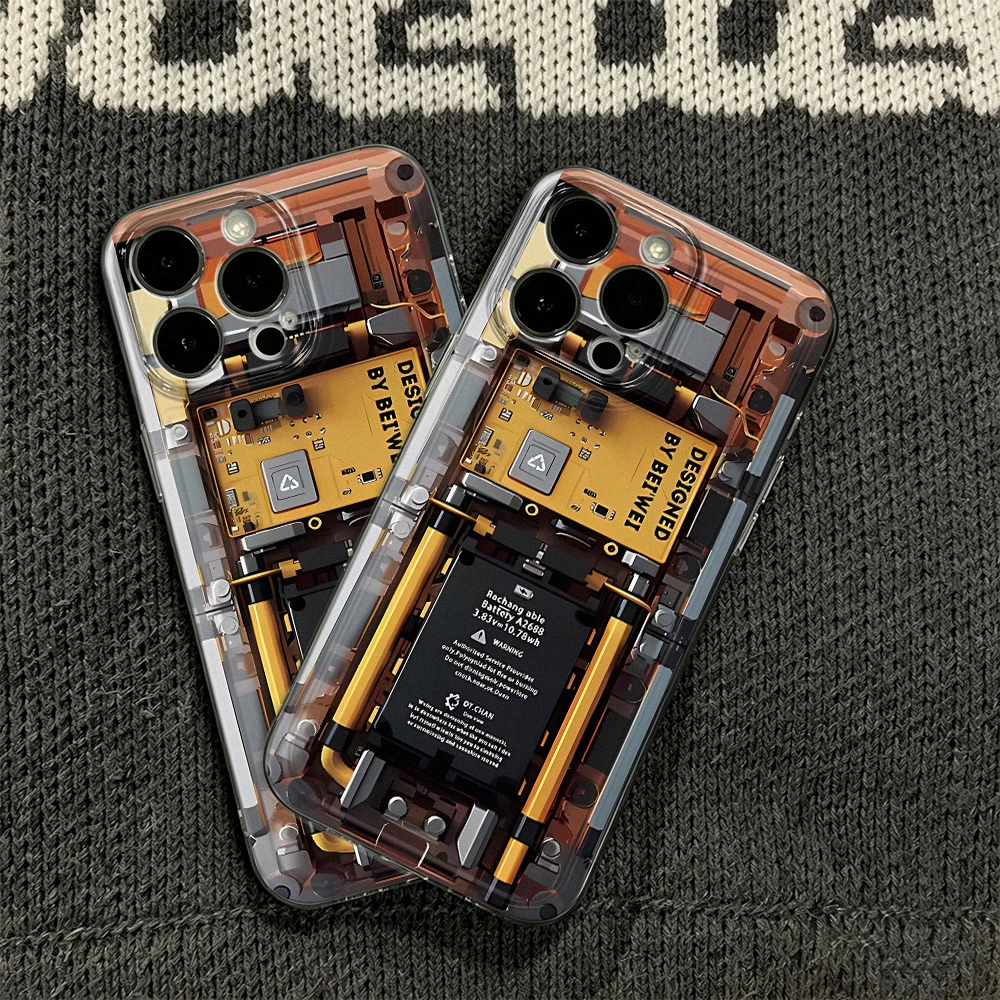 Mechanical Internal Silicone Pattern Phone Case For Iphone 17 Air 16E 15 Plus 14 13 12 11 Pro Max Back Cover Coque Cases