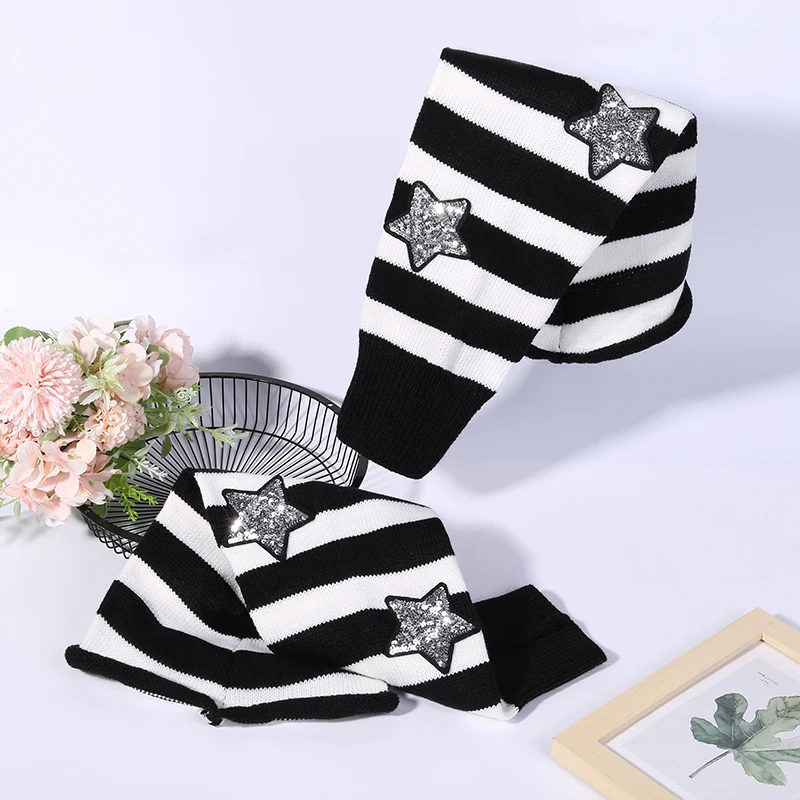 Women s Sparkly Sequin Star Knit Leg Warmers with Wide Striped Cuffs - Trendy Streetwear Boot Sleeves for Fashionistas