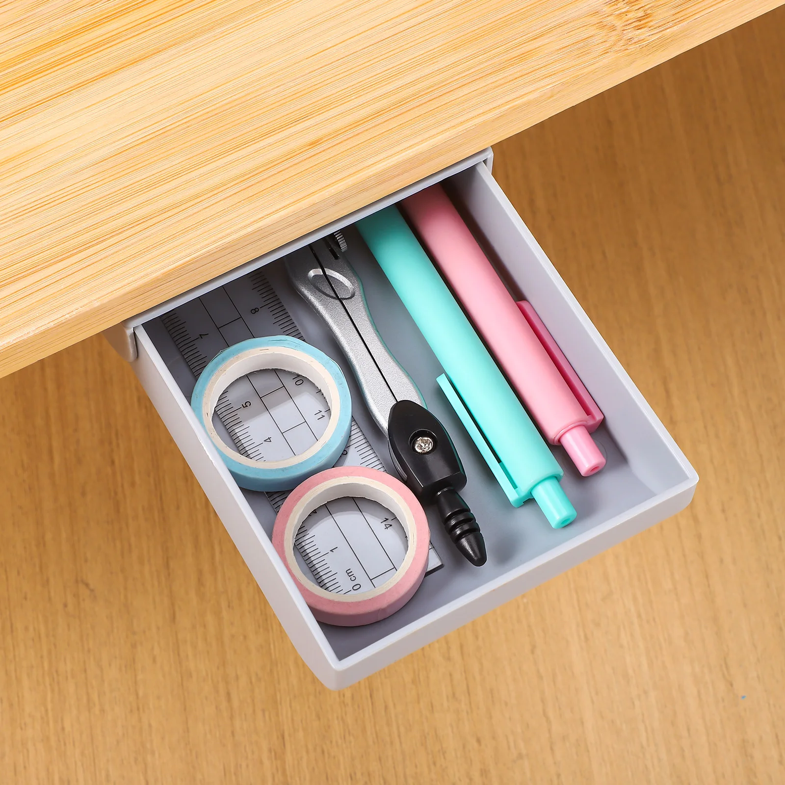 

2pcs Adhesive Pen Box Hidden Drawer Type Office Table Bottom Organizer Invisible Storage Box For Pens Rulers Jewelry Files Grey