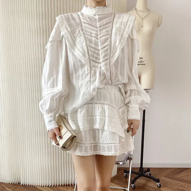 

Белая свободная хлопковая блузка с рюшами и рюшами для женщин, модная элегантная рубашка с длинным рукавом и воротником-стойкой, повседневные летние топы VERLENA