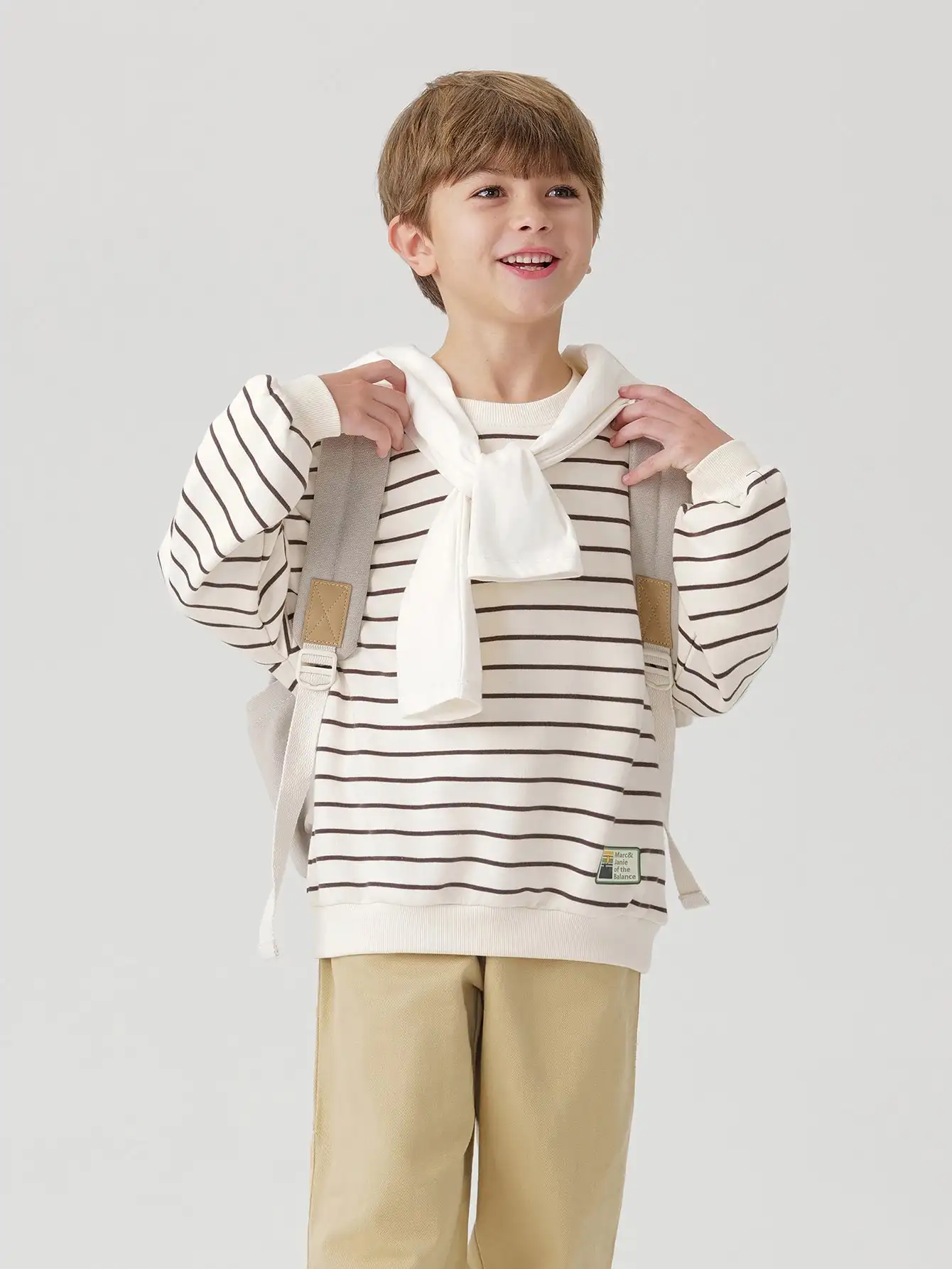 marc & janie Boys Striped Crew Neck Sweatshirt Off Shoulder Long Sleeve Shirts Kids Loose Soft Versatile Tops 240997