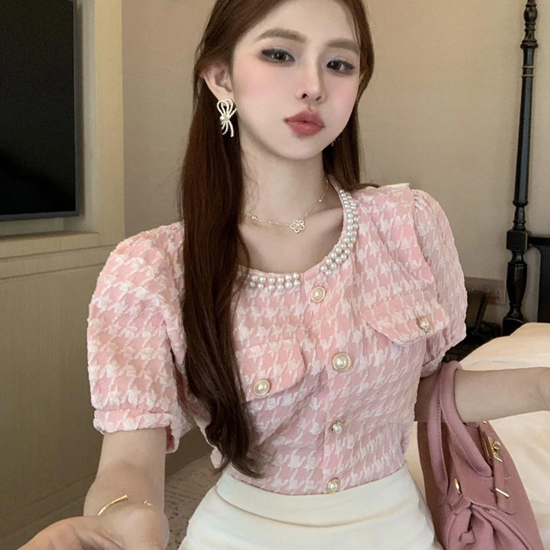 Rimocy Fashion Beading Round Neck Shirts Women Summer Korean Short Sleeve Pink Blouses Woman Chic Pearls Button Up Crop Tops