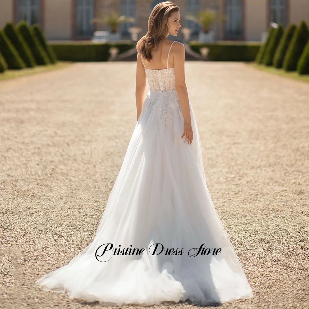 Romantic Spaghetti Straps Tulle Wedding Dress for Bride Customized Zipper Back Lace Appliques A-Line Sweep Train Bridal Gowns