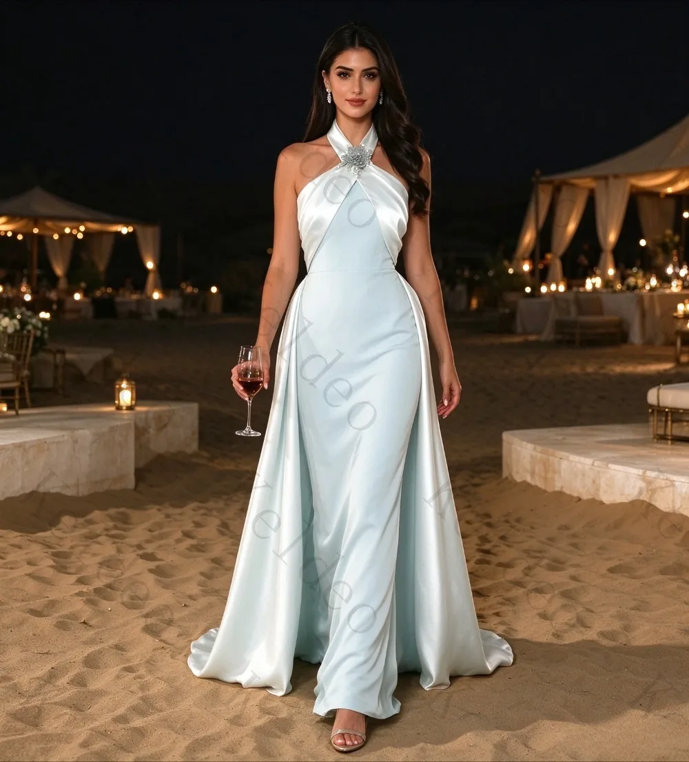 Customized Luxury Hanging Neck A-line Evening Gowns with 3D Flower Back Slit Pleated Satin Trailing Formal Banquet Prom Dresses
