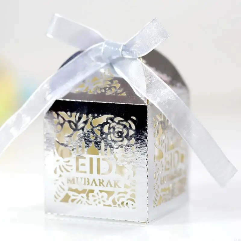 KX4B 100pcs Eid Mubarak Candy Box Hollow Rose Ramadan Kareem Gift Boxes Islamic Muslim Festival Happy Al-Fitr Eid Event Party
