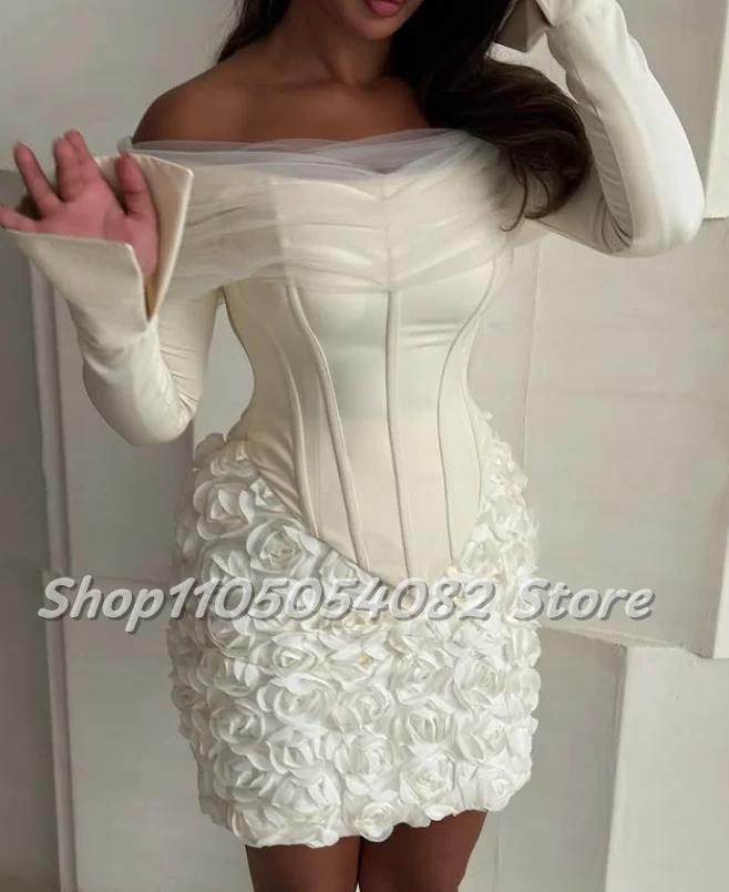 

Customized Short Elegant Rose Evening Dress Snap Shoulder Long Sleeve Waist Corset Pleated Tulle Hem Three-dimensional Applique