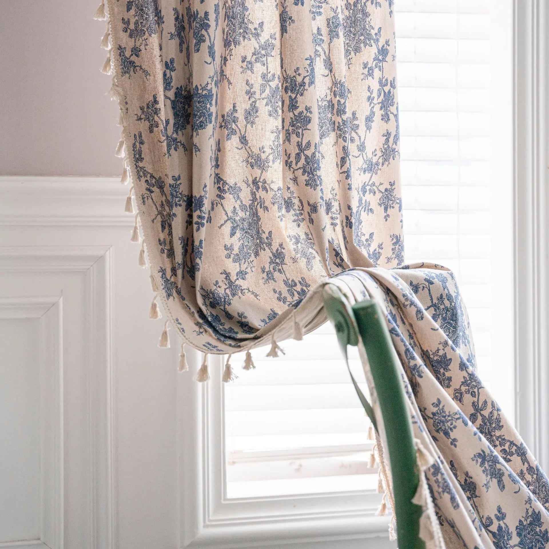 

Cotton Linen Blue Retro Orchid Curtains, Rural and Pastoral Style Curtain with Broom Tassels, Bedroom and Living Room