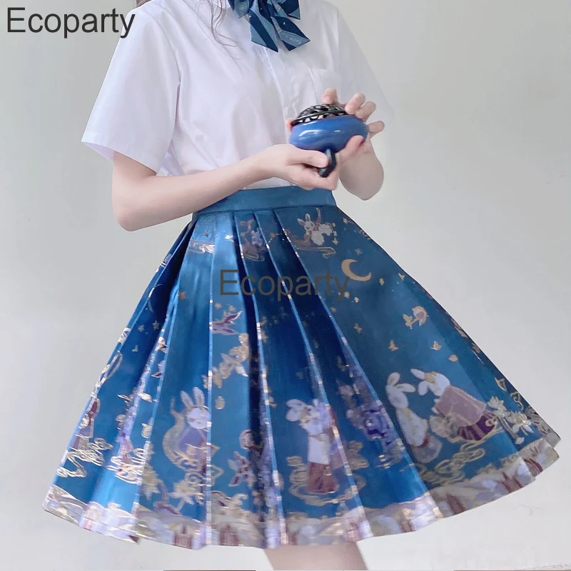 New Chinese Hanfu Costume Women Deluxe Printed Improved High Waist A-Line Jk Skirt Girls Lovely Chinese Style Pleated Mini Skirt