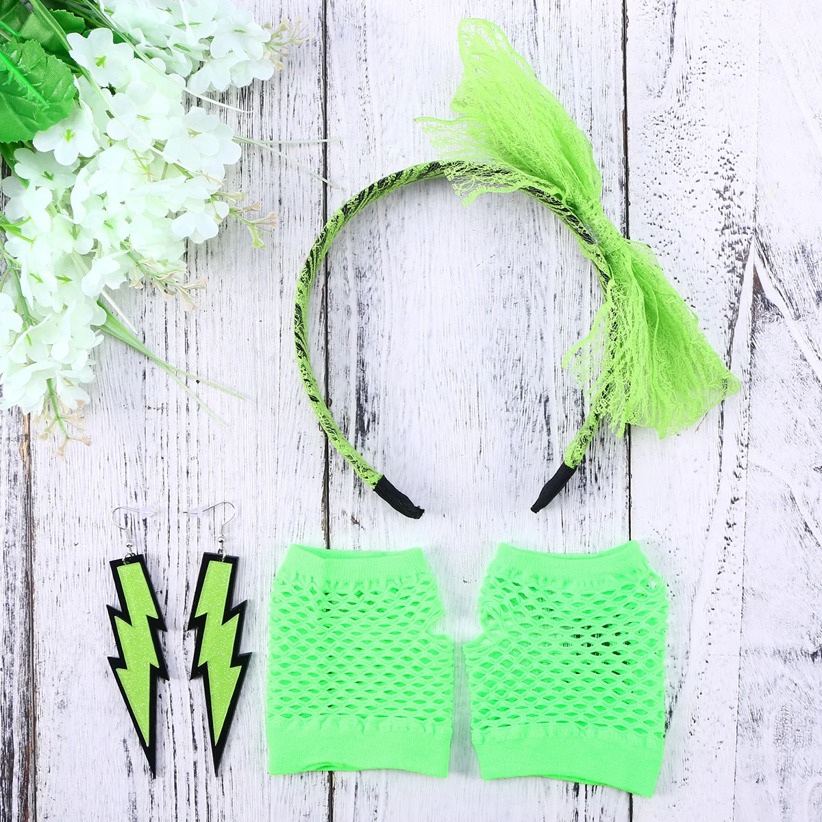 Ensemble d'accessoires de Costume des années 80, bandeau en dentelle, gants en résille sans doigts, boucles d'oreilles néon, collier, série vert clair pour fête