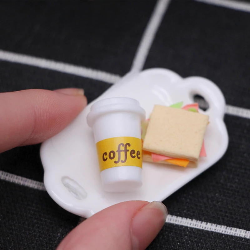 Dollhouse Miniature Breakfast Hamburger Croissant Butter Bread Toast Milk Egg Coffee Knife Fork Spoons with Tray Kitchen Food