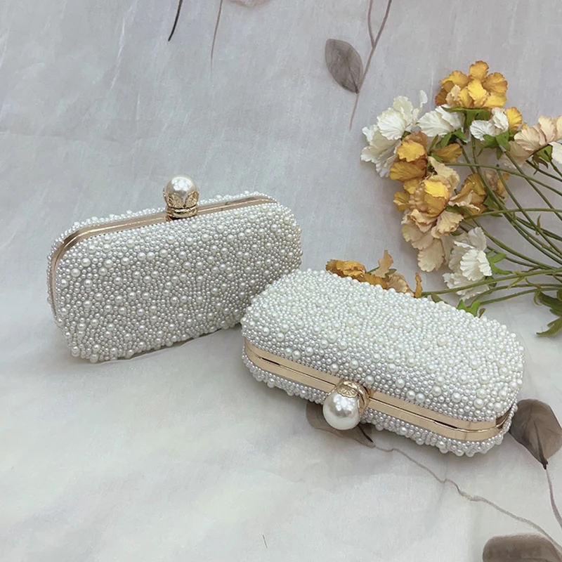 

Delicated Beading Evening Bag for Women Fashionable Elegant Luxury Pearl Clutch Bag with Long Chain Wedding Banquet Handbag