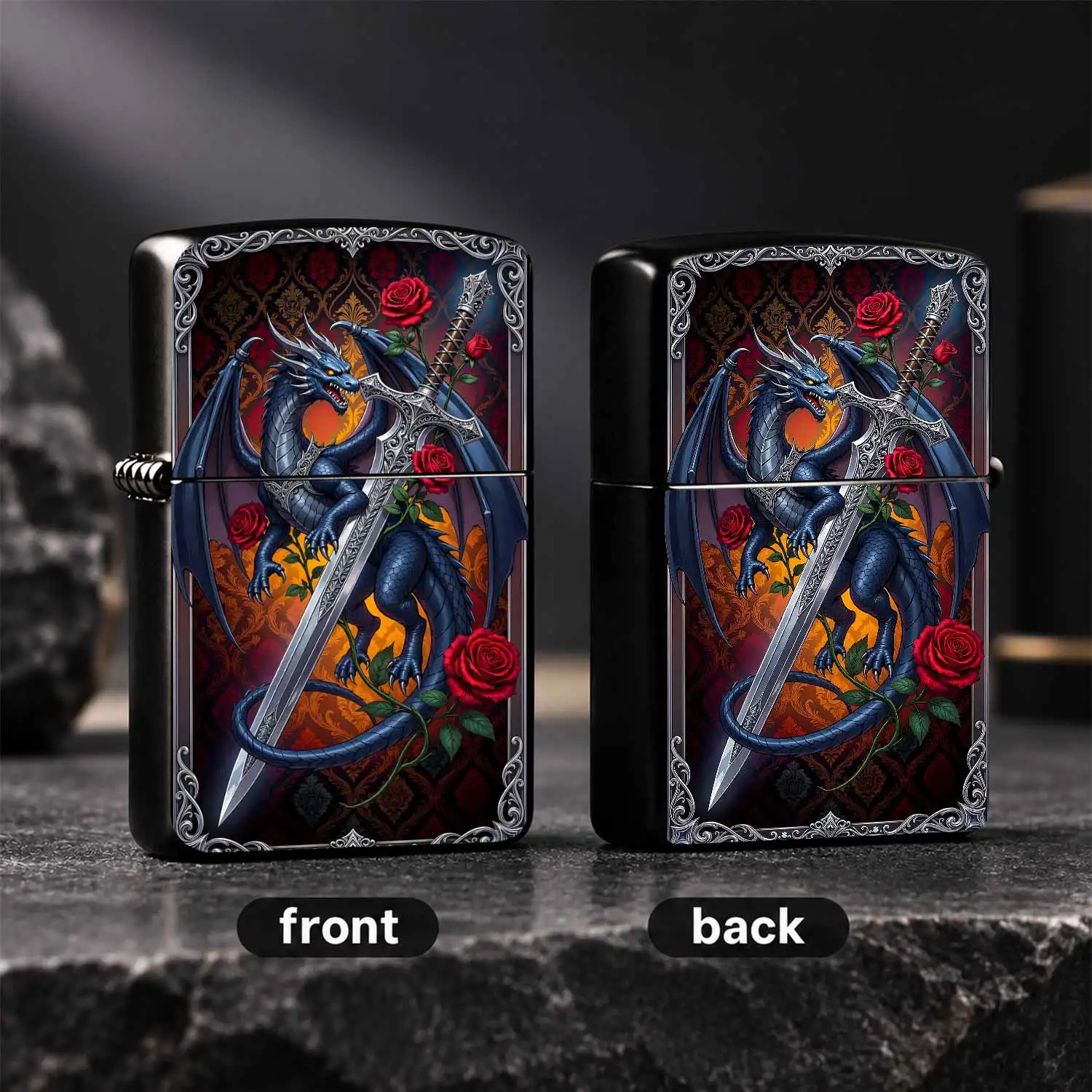 Gothic Dark Blue Dragon Art Lighter, Intricate Engraved Great Sword Decor, Vivid Red Rose Pattern, Retro Exquisite Full-Print Accessory, Unique Cool Portable Ornament, Ideal For Daily Use Gifting All Occasions, Premium Collectible Decorativ