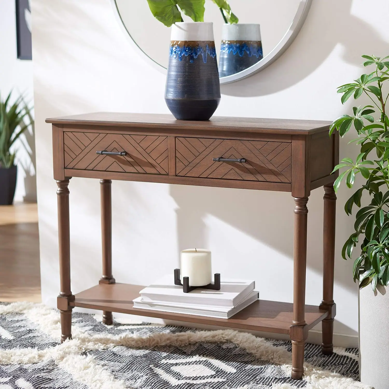 Console Table With Storage Drawers, Entryway Sofa Display Rack Stand, Living Room Hallway Foyer Bedroom, Two Sliding Drawers Wide Top Surface Stable Legs, Classic Modern Style, Brown, 1 Piece
