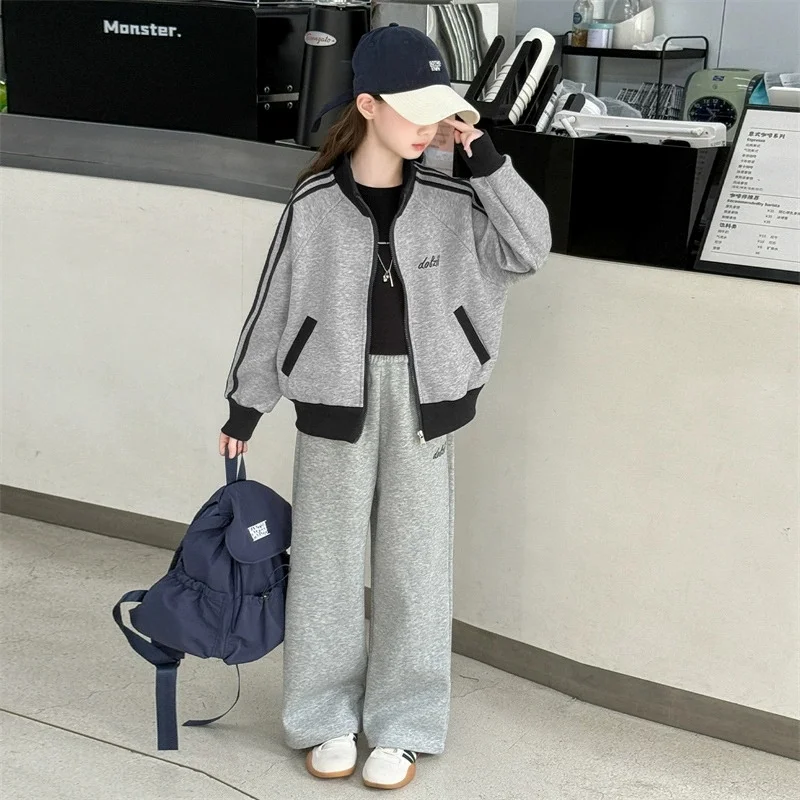 2026 Spring Autumn Girls Full Zip Sweatshirt Jackets+Sweatpant Workout Set School Kids 2PCS Tracksuit Children Jogging Outfit