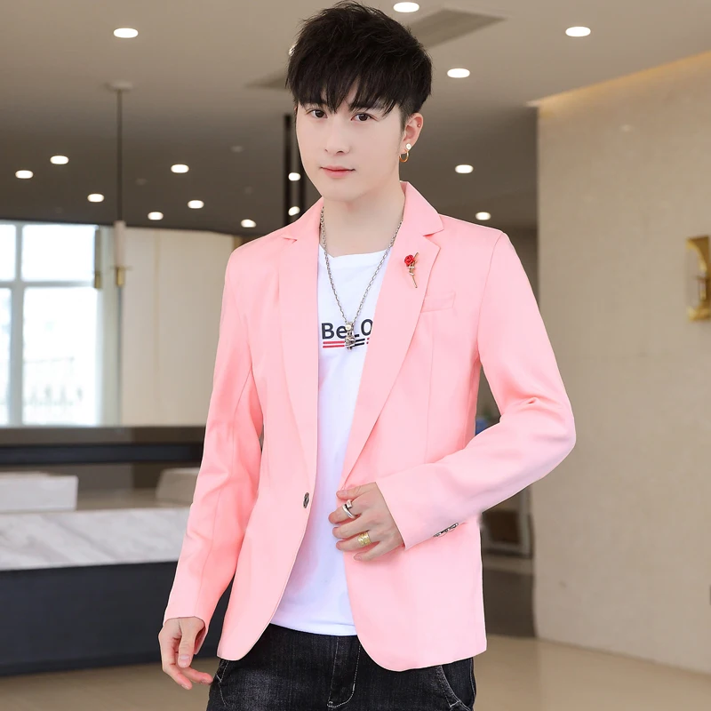 

Slim Fit Men's Pink Suit Jaet Faionable Single-Breasted Coat Spring Autumn New Sle Korean Version Urban Youth Wear