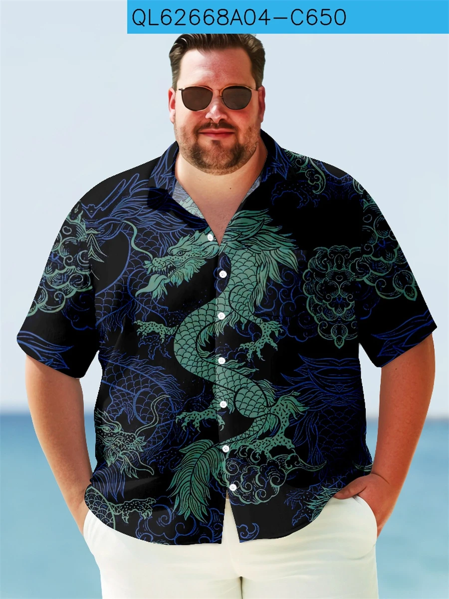 Men's Casual Dragon Print Shirt Streetwear Hawaiian Lapel Short Sleeve Top Loose Beach Wear