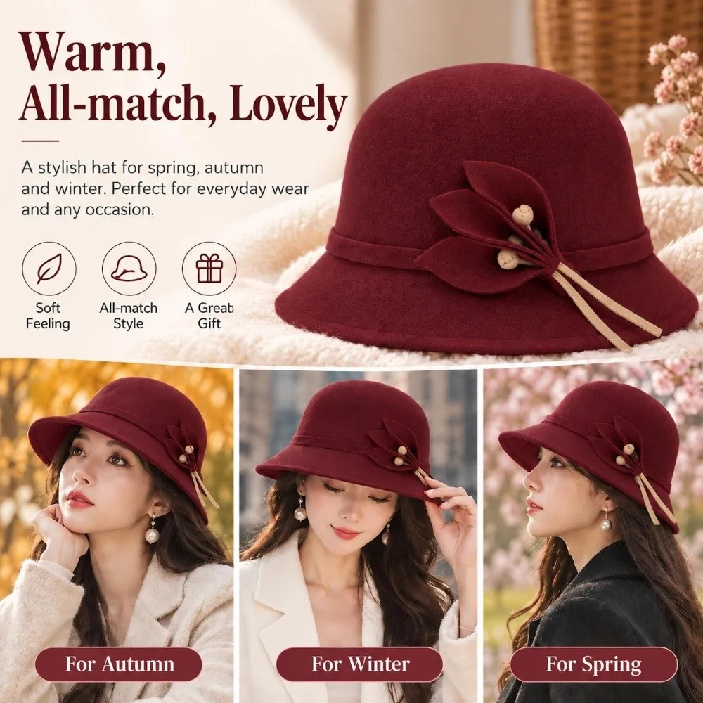 Retro Dome Shape Fedora Hat Bowknot Decoration Warm Bowler Hat Elegant Basin Cap Fisherman Cap Church Event