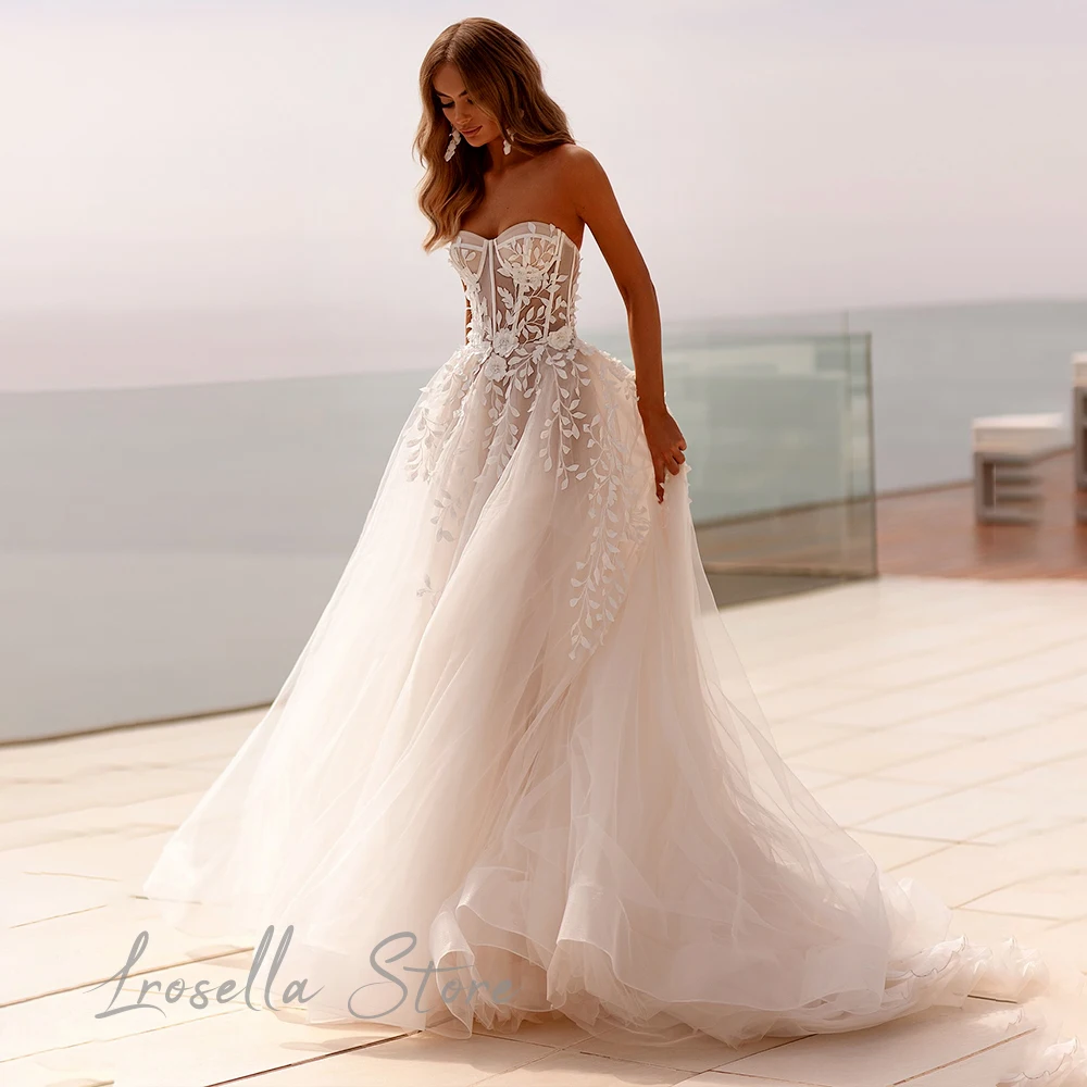 LRosella-Strapless Floor Length Wedding Dresses, A-line Lace Appliques, Bohemian Party Gown, Elegant Bride Dress, Luxury, 2024