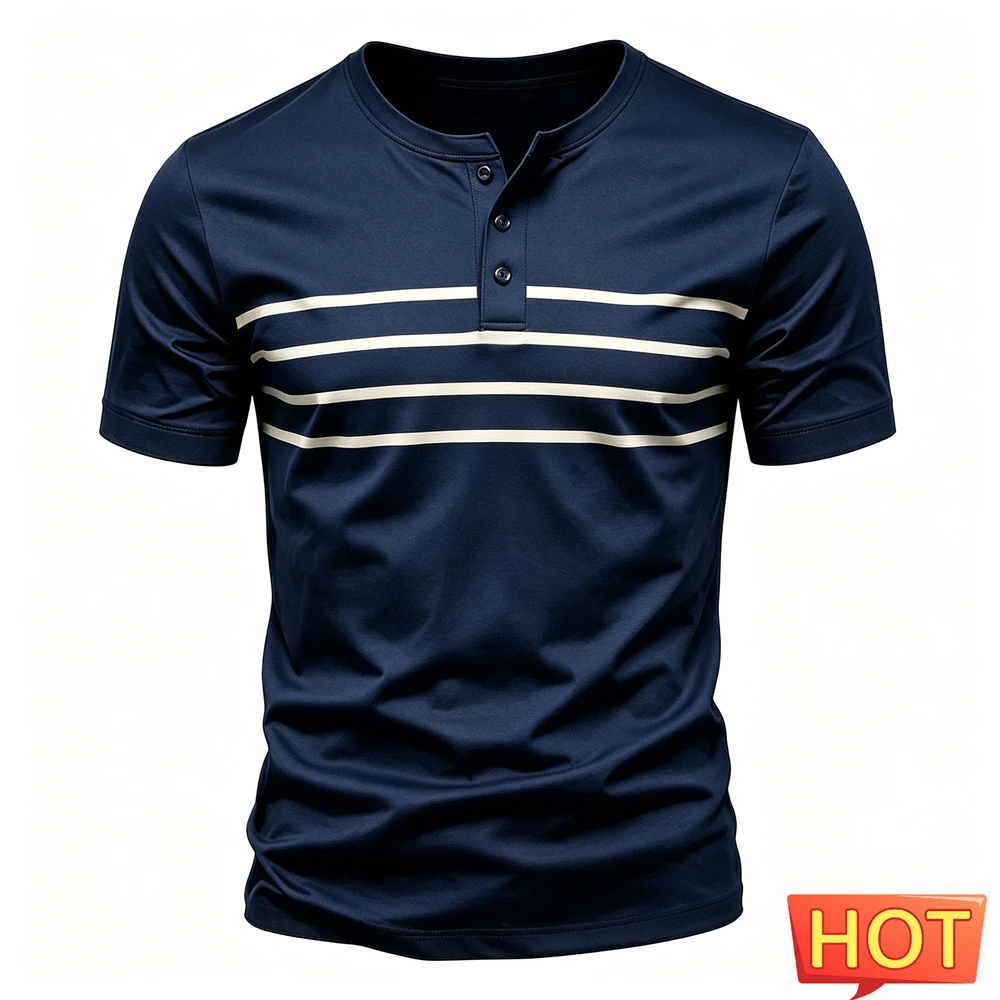 Summer Simple Men Henry Collar Button T shirts Casual Loose Short Sleeve Tops Fashion Stripe Print Men's Henry Shirt Streetwear