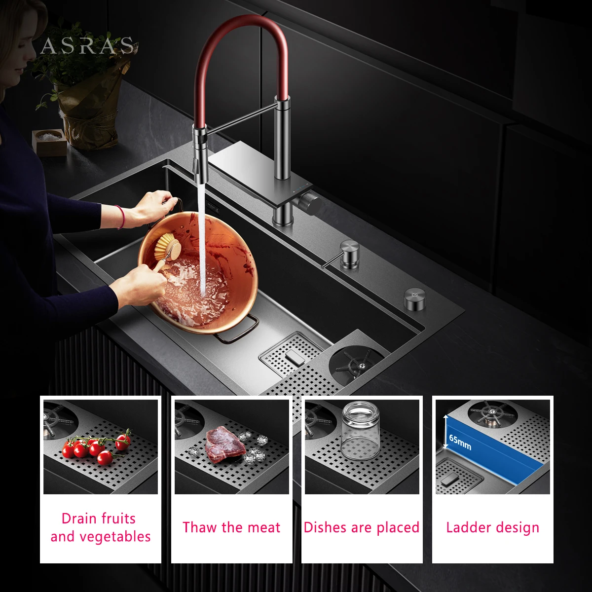 880cm Large Stainless Steel Kitchen Sink, SUS304 Step Design with Nano Gray Coating, Heavy-Duty Modern Tiered Sink for Home