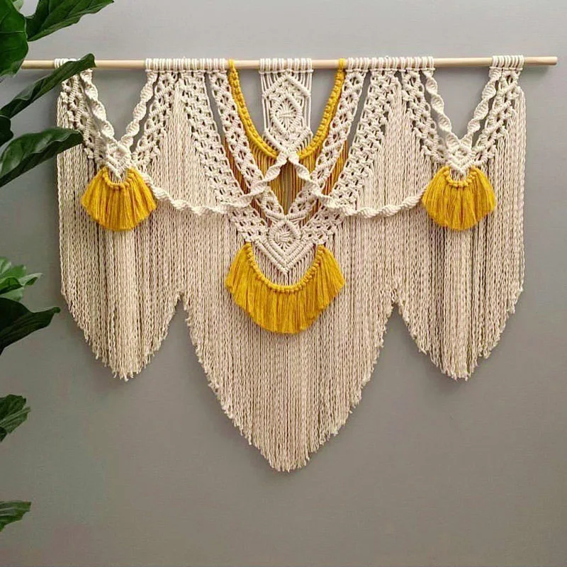 

Handwoven Macrame Yellow Tapestry Large Macrame Wall Hanging Tapestry Room Sofa Backdrop Bedside Hanging Macrema Tapetry