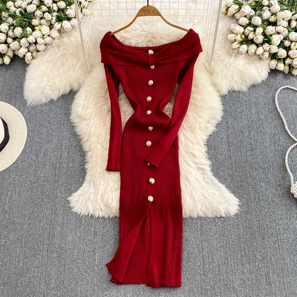 Yuoomuoo ins Mode Frauen Weihnachten rot Party kleid hohe Taille von den Schultern Langarm vorne Split Strickkleid Bodycon Robe