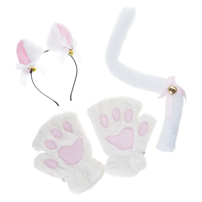3/4pcs Katzen kostüm für Kinder-Katzen ohren Stirnband Schwanz Schwanz Glocke Choler Handschuhe Halloween Party Tier Cosplay Zubehör – Detail 2