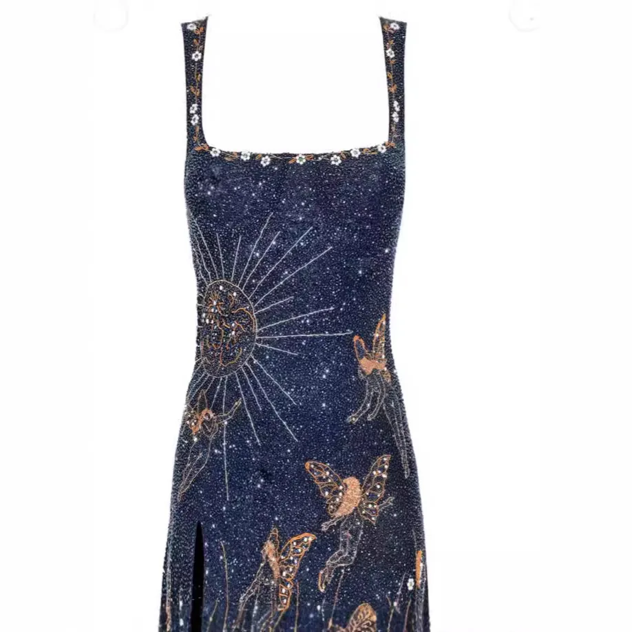 

Sexy Square Neck Spaghetti Straps Open Back Sequined Mini Party Dress Blue