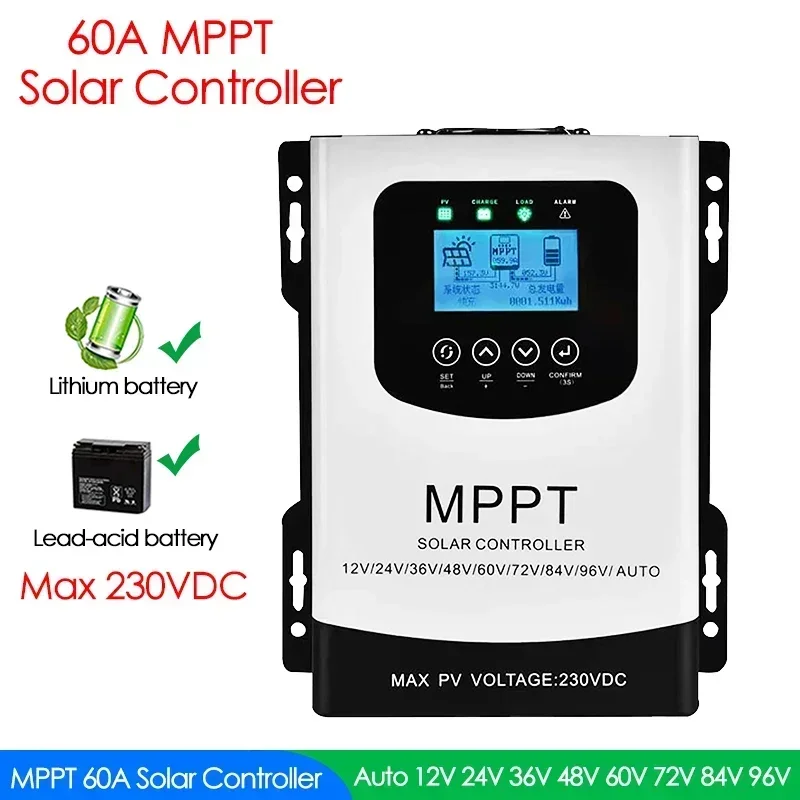 50/60A MPPT Solar Controller 12/24/36/48/60/72/84/96V Solar Charge Discharge Controller Solar Panel Battery PV Regulator 230VDC