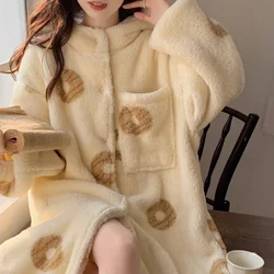 Women's Autumn Winter Coral Velvet Pajamas Nightgown Padded Thickened Female Hooded Homewear Cute Princess Style Long Bath Robe