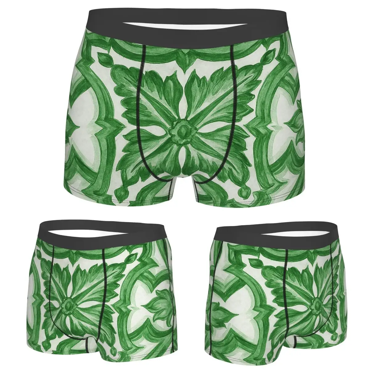 

Boxer Underpants Shorts Green Ornate Floral Mediterranean Sicilian Tile Panties Men's Breathable Underwear for Homme Man Gift