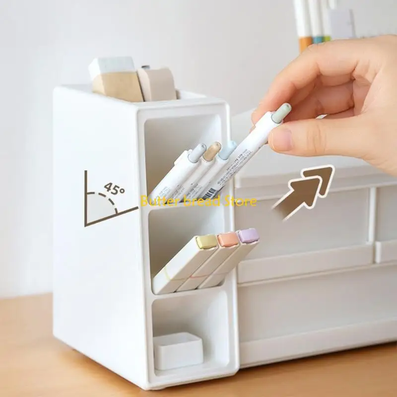 W89C Multifunctional Desk Pen Organiser Pen Cup with Sliding Drawer Tabletop Makeup Organiser Desktop Drawer Storage Cabinet
